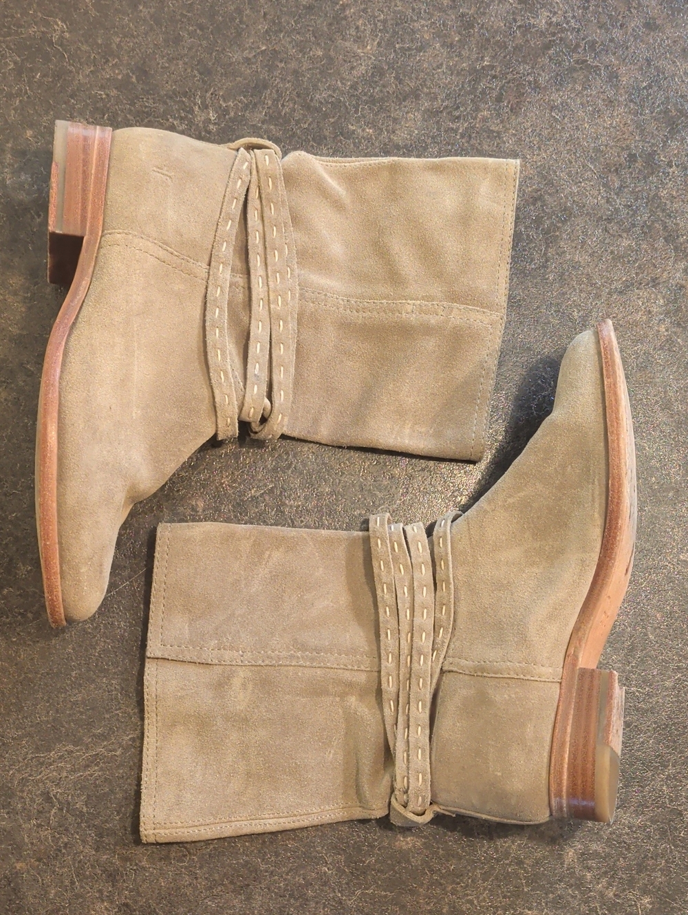 Frye Taupe Suede Short Shaft Boots with Wrap Strap Detail